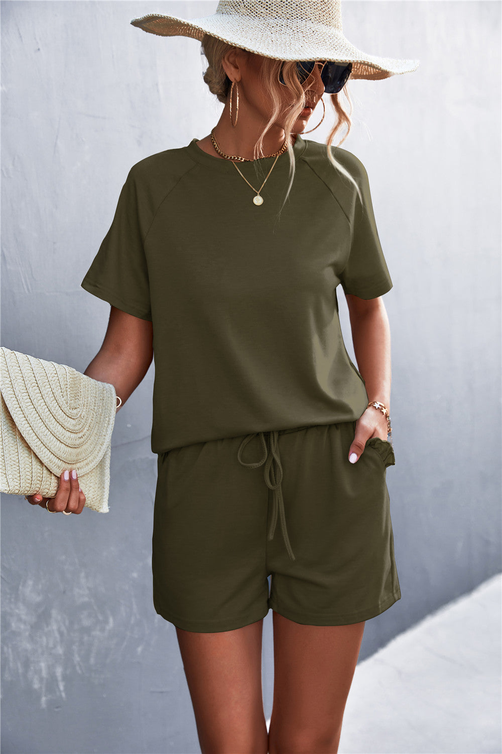 Spring And Summer New Product Best-selling Solid Color Round Neck Ruffled Short Sleeves Shorts Casual Suit