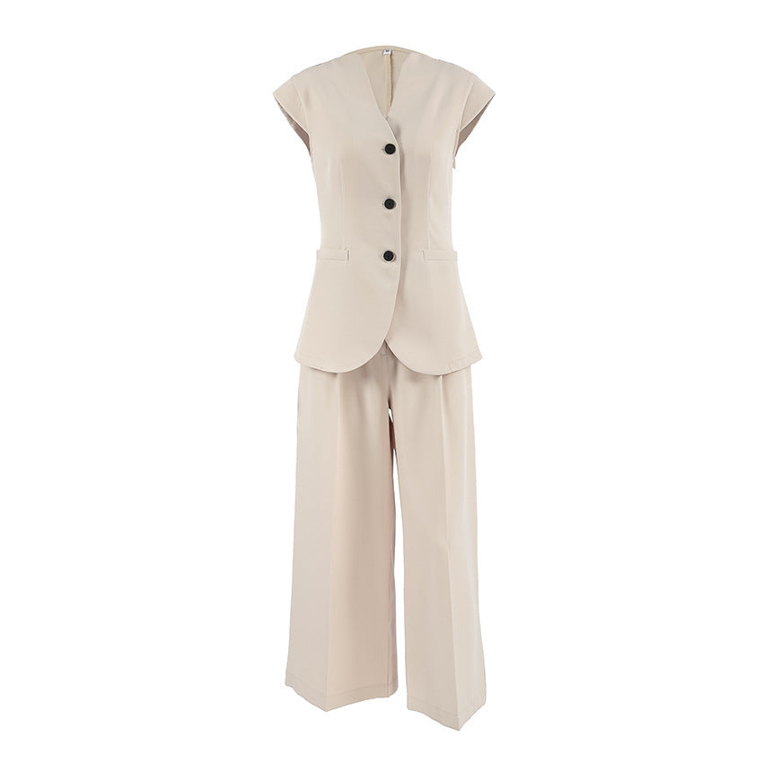 Khaki V-neck Sleeveless Vest High Waist Pants Suit