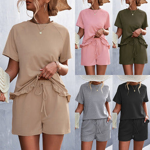 Spring And Summer New Product Best-selling Solid Color Round Neck Ruffled Short Sleeves Shorts Casual Suit