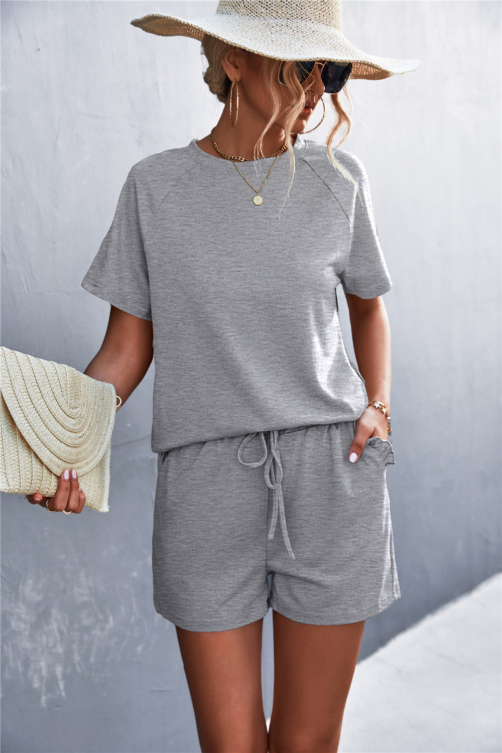 Spring And Summer New Product Best-selling Solid Color Round Neck Ruffled Short Sleeves Shorts Casual Suit