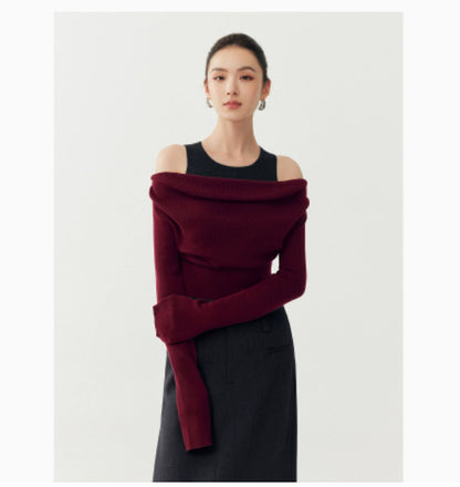 Red Retro Fake Two-piece Knitted Sweaters Women