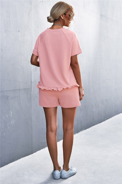 Spring And Summer New Product Best-selling Solid Color Round Neck Ruffled Short Sleeves Shorts Casual Suit