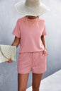 Spring And Summer New Product Best-selling Solid Color Round Neck Ruffled Short Sleeves Shorts Casual Suit