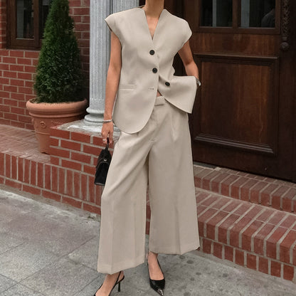 Khaki V-neck Sleeveless Vest High Waist Pants Suit