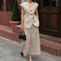 Khaki V-neck Sleeveless Vest High Waist Pants Suit